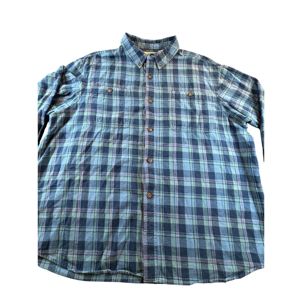 Duluth Trading Co Free Swingin Flannel Shirt Blue Green Plaid Mens XL